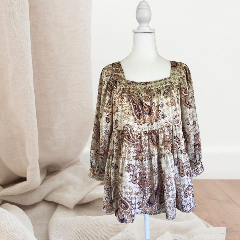 Entro Women's Top Ruffled Puffed Sleeve Oversize Boxy Cottage Paisley Size S